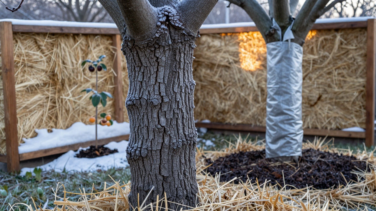 Сравнение повреждённой коры дерева и хорошо защищённого саженца зимой.