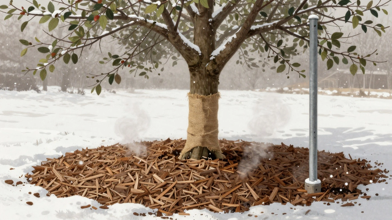 Ствол яблони обернут мешковиной, вокруг — толстый слой мульчи и легкий снег.
