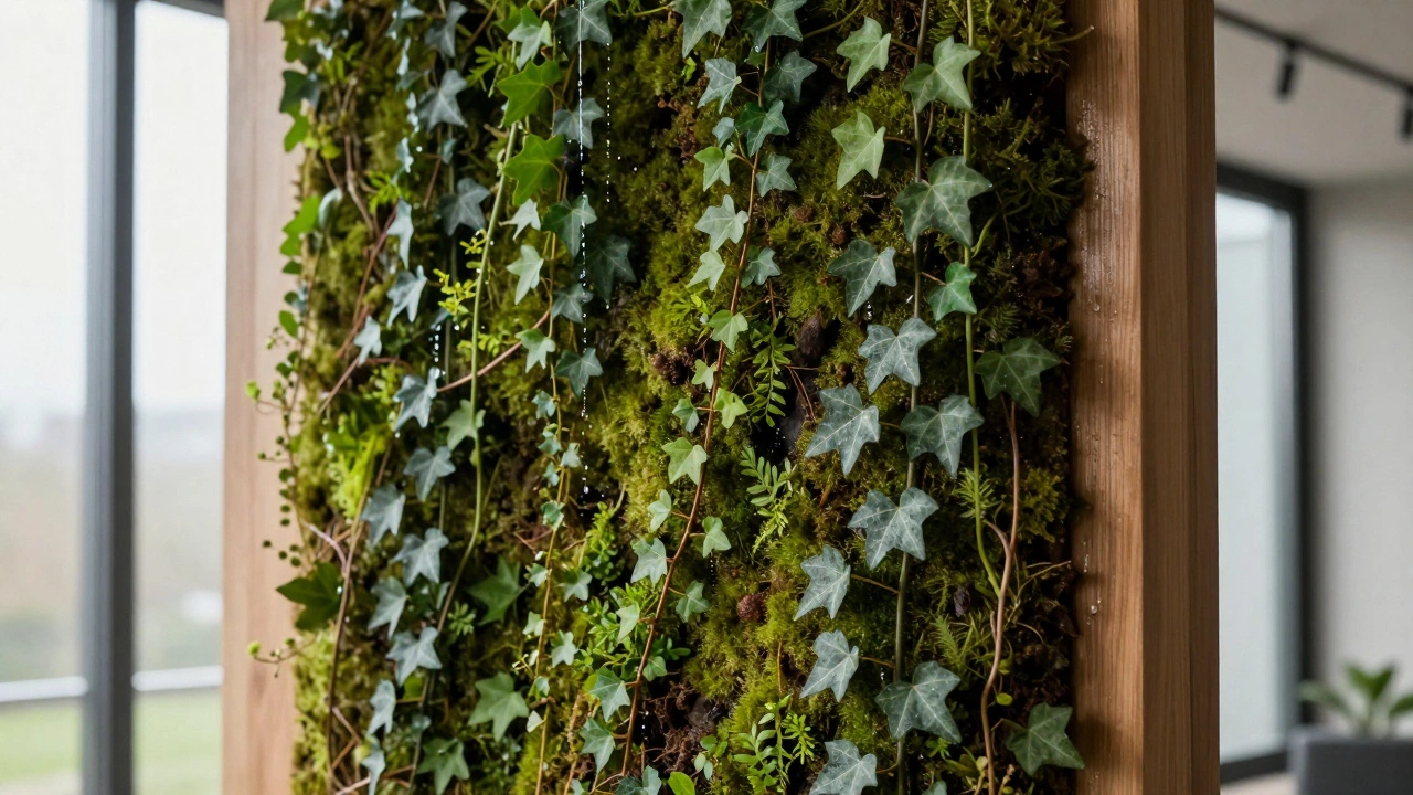 Вертикальная стена из плюща на мховой подложке, без горшков.