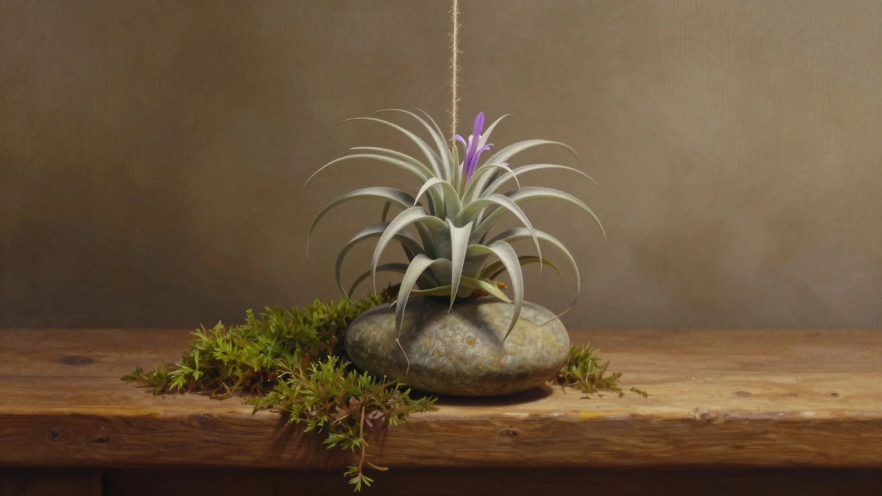 Воздушная орхидея на камне, подвешенная на нити, с мхом вокруг.