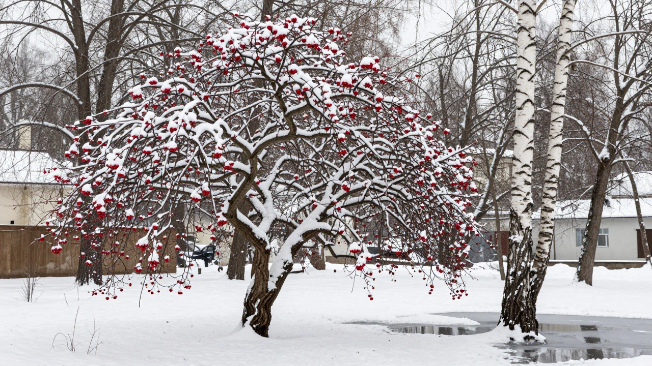 Зимний сад Саратова: боярышник с ягодами под снегом и берёза с белой корой в тихой атмосфере.