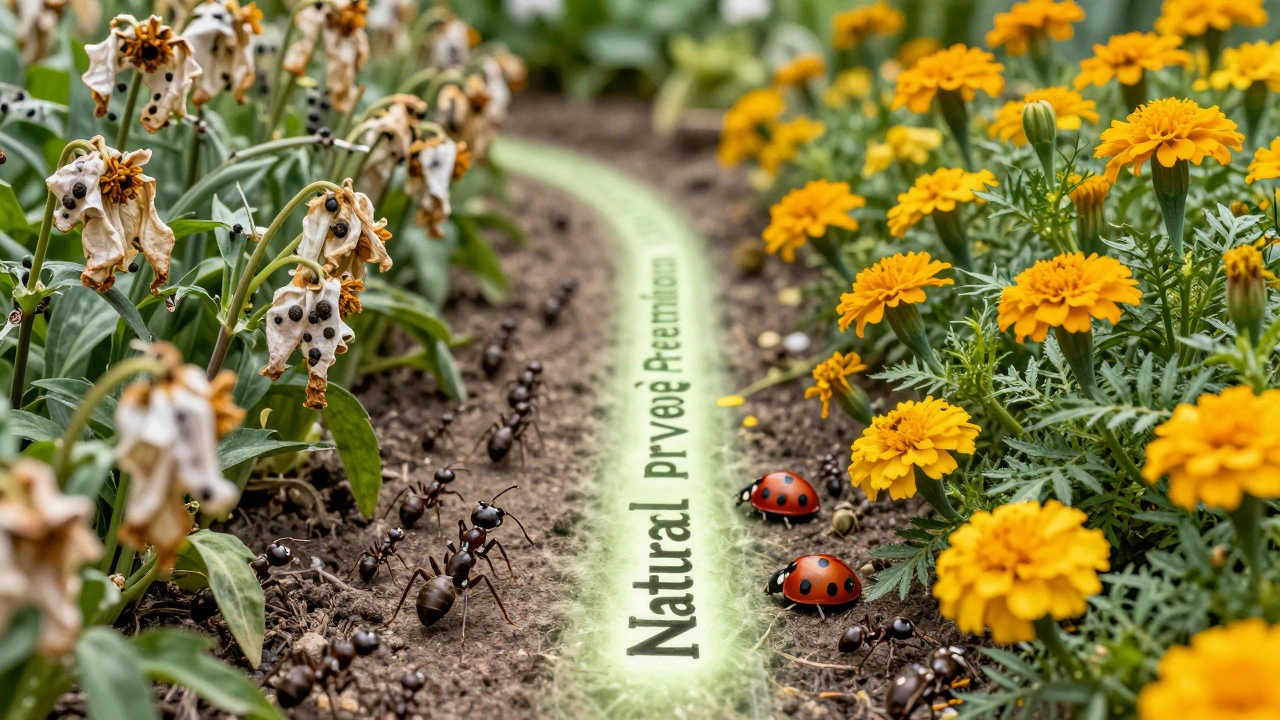 Две стороны сада: слева — поражённые цветы с муравьями, справа — здоровые растения с бархатцами