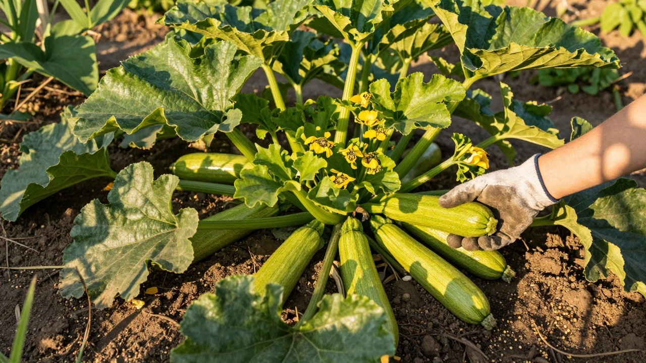 Кабачок на грядке, созревающий под солнечным светом
