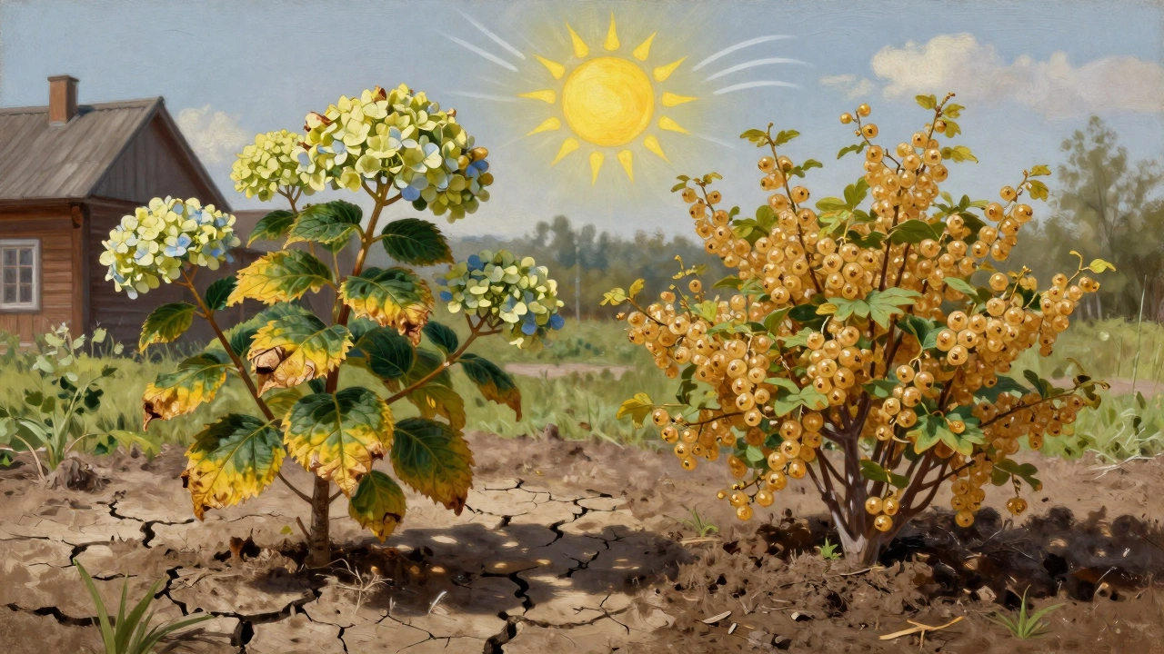 Контраст: увядающая гортензия и здоровый золотистый крыжовник под палящим солнцем.
