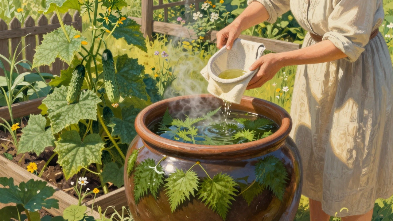 Кувшин с настоем крапивы, из которого поливают огурцы, сад за спиной полон зелени и цветов.