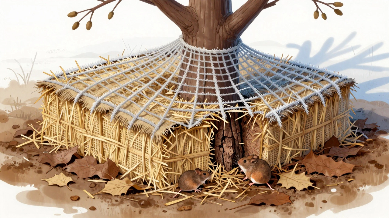 Разрез деревца с зимней защитой: солома, сетка и мульча вокруг корней, мыши не могут добраться до коры.