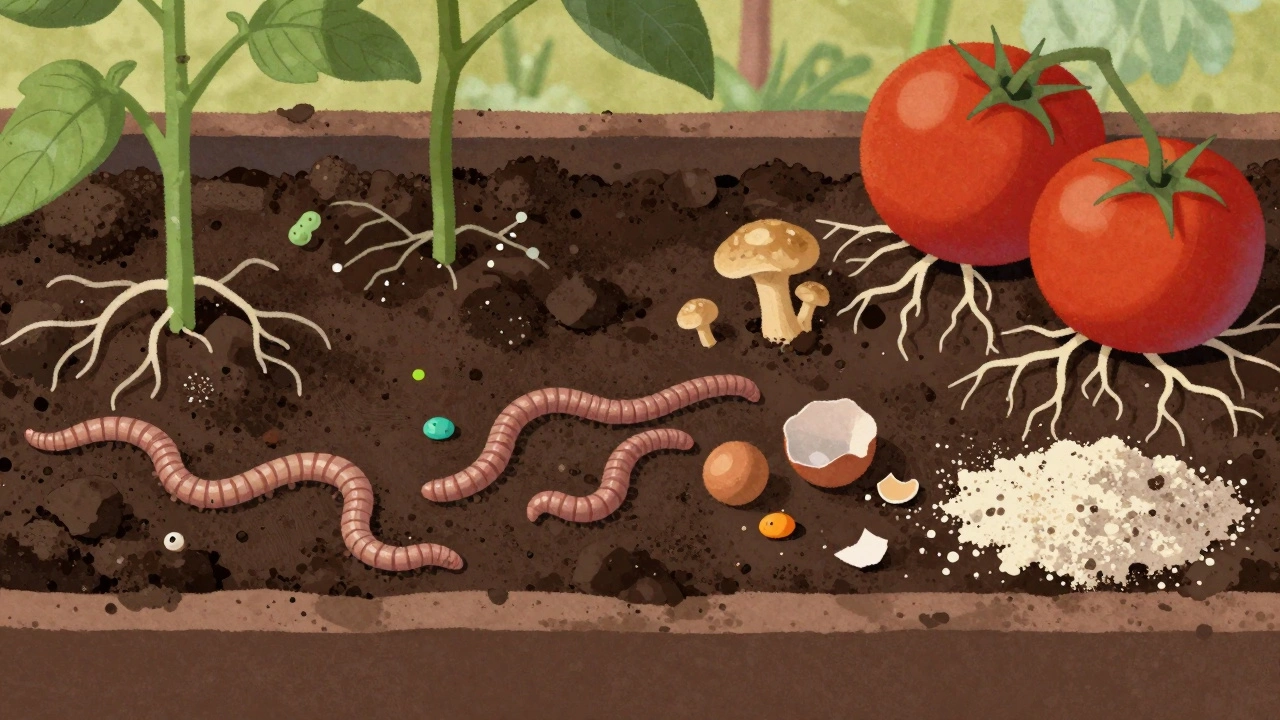 Разрез почвы с червями, грибами и корнями растений в органическом саду.