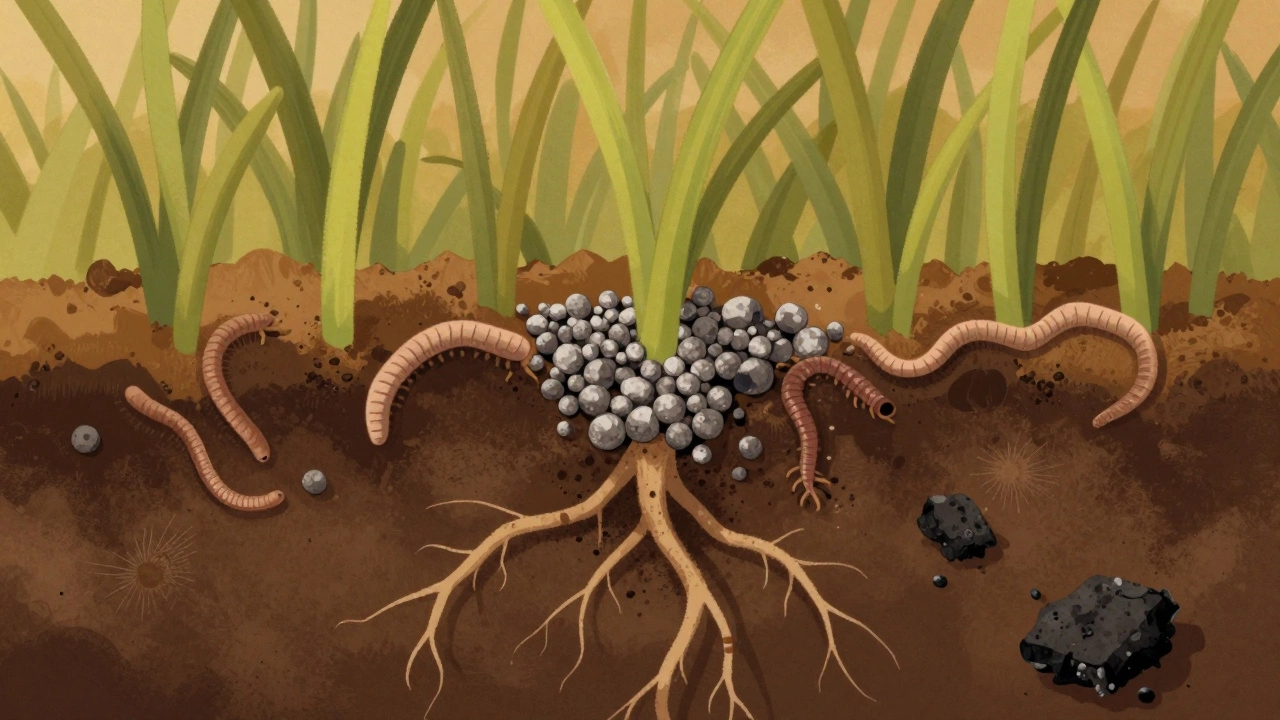 Разрез почвы с корнями и золой, где микроорганизмы помогают усвоению питательных веществ.