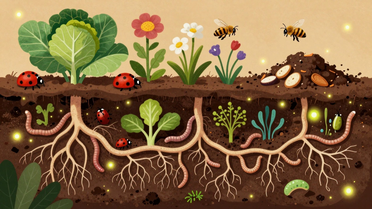 Разрез здоровой почвы: грибницы, черви и насекомые в тёмной рыхлой земле, над землёй — божьи коровки и пчёлы.