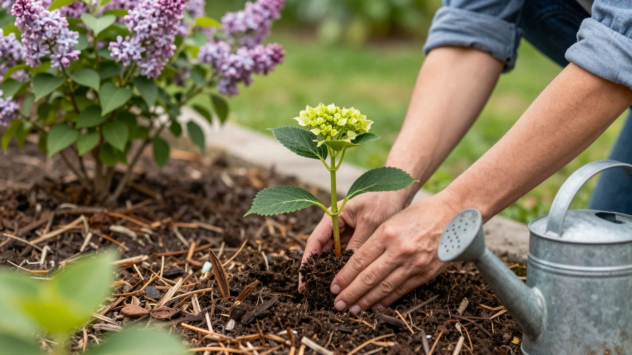 Руки сажают саженец гортензии с мульчей, на фоне зрелых кустарников.