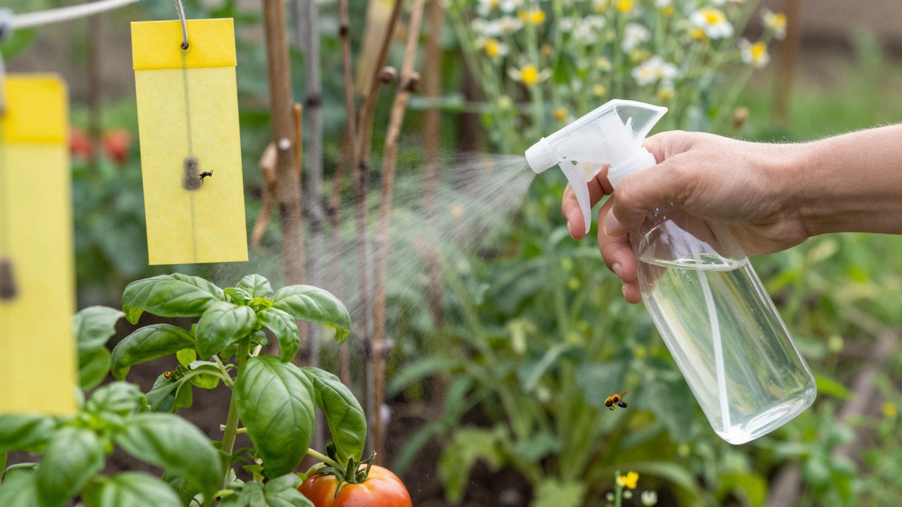 Рукой распыляется чесночный раствор на растения, рядом — желтые ловушки и дикие цветы для хищников.