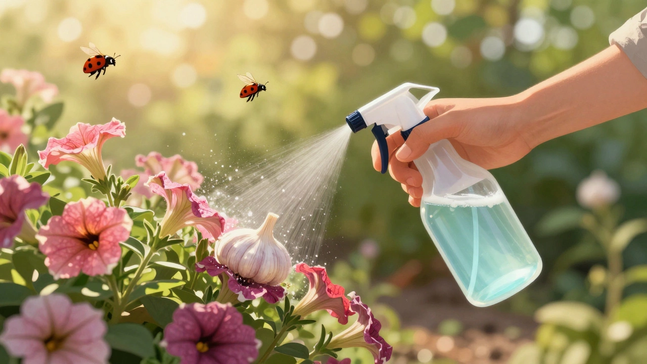 Садовник опрыскивает цветы натуральным раствором чеснока и мыла вечером