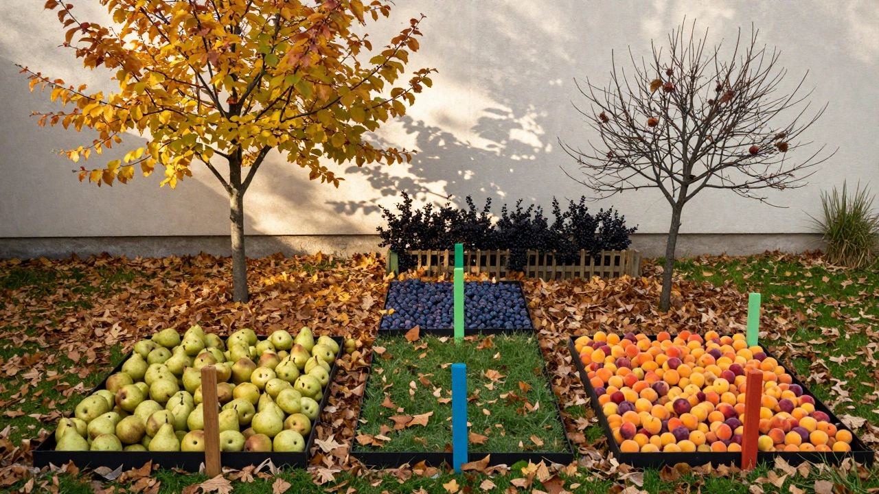 Схема сада с раздельными зонами деревьев и кустарников, соблюдающая дистанции.