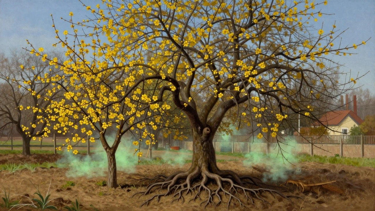 Слива подавляет рост вишни своими корнями, листья вишни желтеют.