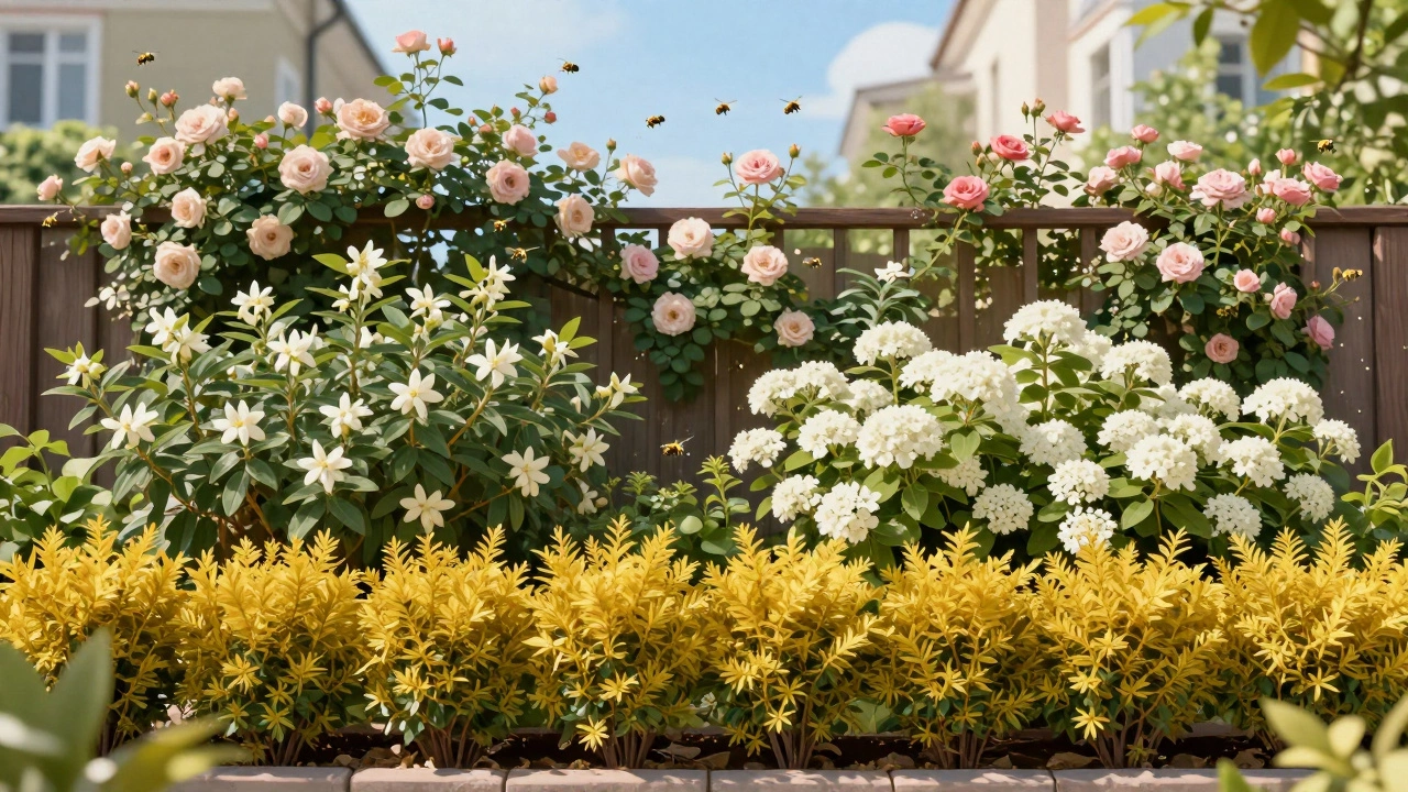 Слоистая композиция кустарников перед домом: барбарис, чубушник, калина и плетистая роза на шпалере.