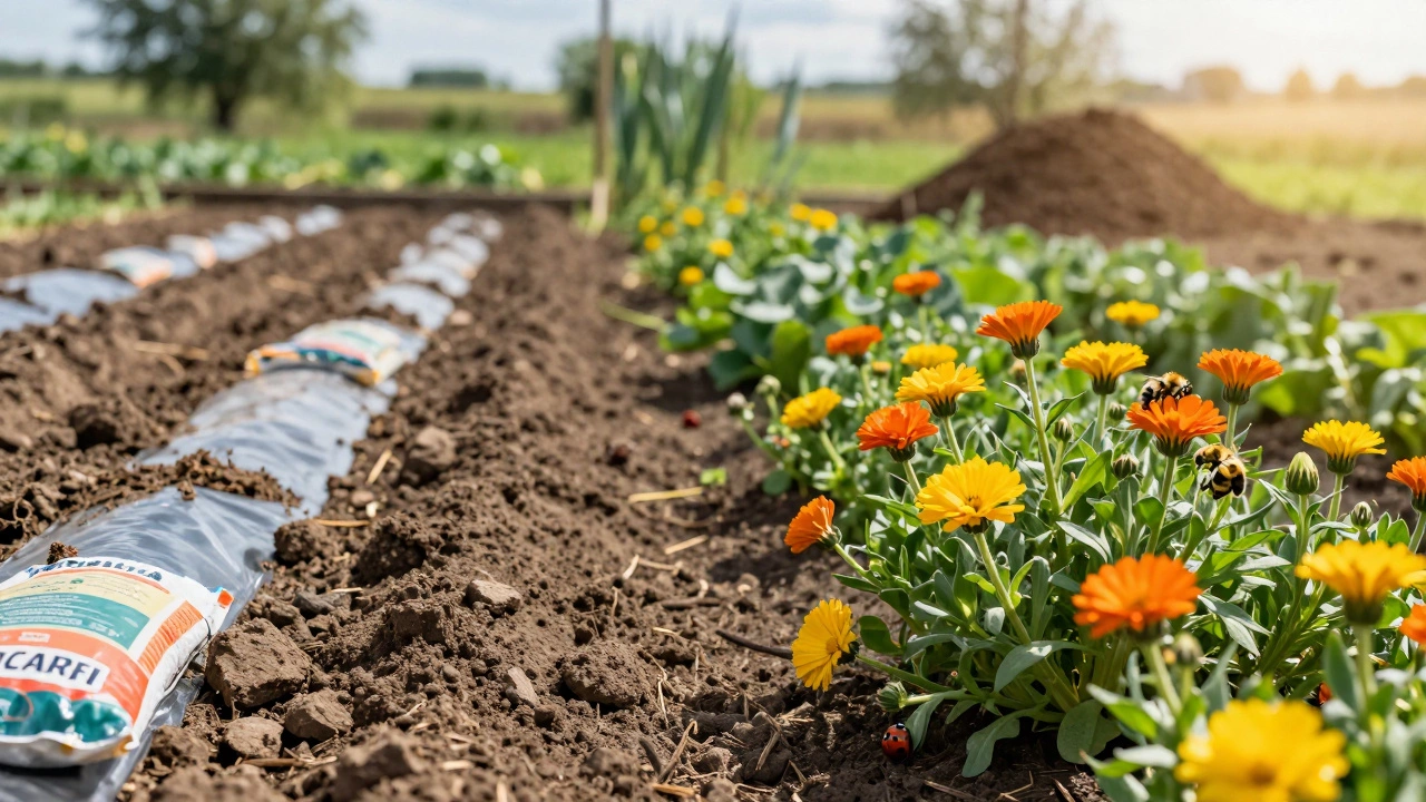 Сравнение: пустая химически обработанная грядка и живая органическая.
