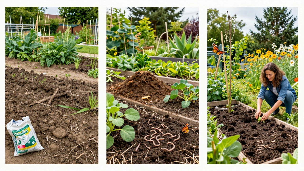 Три этапа органического сада: от сухой земли с химией — к живой экосистеме с червями, бабочками и урожаем.