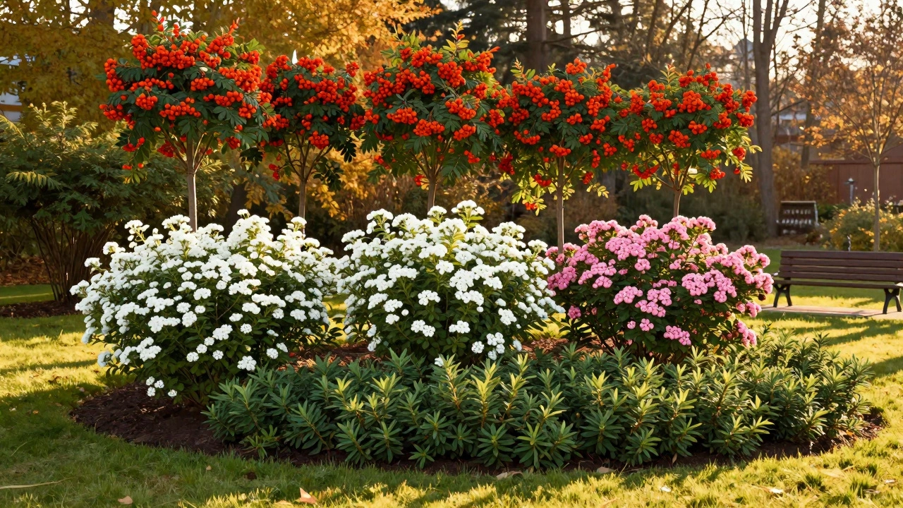 Три слоя декоративных кустарников: рябина, спирея и барбарис осенью в русском саду.