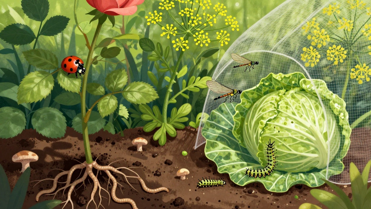 В саду божьи коровки и златоглазки живут среди укропа и ромашки, под землей — дождевые черви.