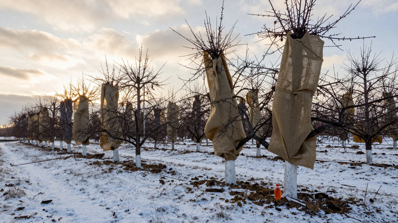 Зимний сад в Саратове: беленные стволы деревьев, мульча на земле и ловушки для грызунов под снегом.