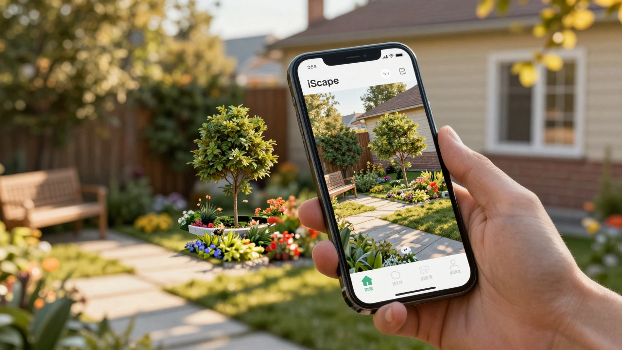 Человек использует приложение на телефоне, накладывая элементы сада на фото своего участка для визуализации дизайна.