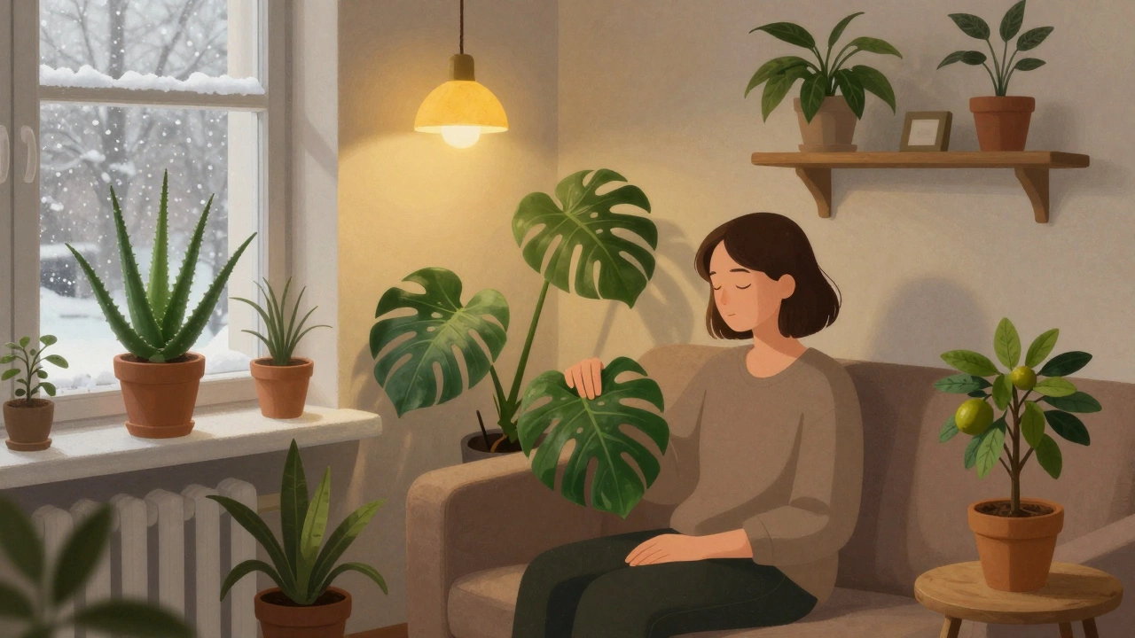 Человек сидит спокойно, обнимая монстеру, вокруг — алоэ, цитрусовое дерево и замиокулькас в уютной квартире.
