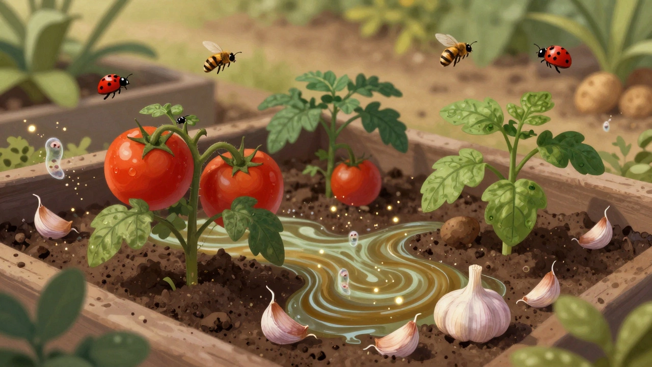 Чесночный настой проникает в землю под помидорами, отпугивая вредителей.