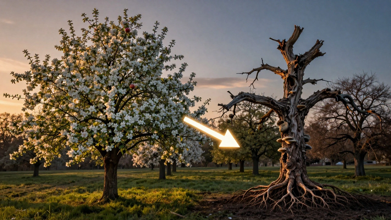 Две яблони: одна здоровая, другая с гниющей верхушкой и зараженной корневой системой.