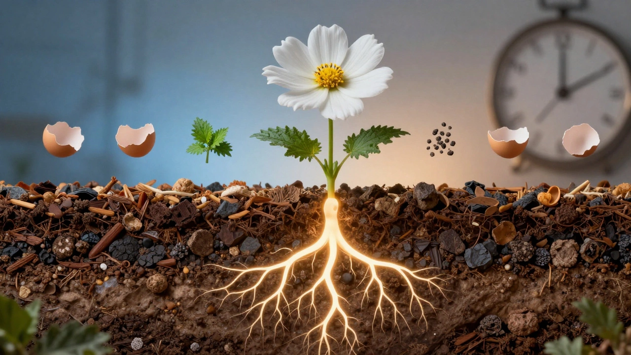 Глубокий разрез почвы с питательными слоями и символами удобрений, окружающими здоровый цветок.