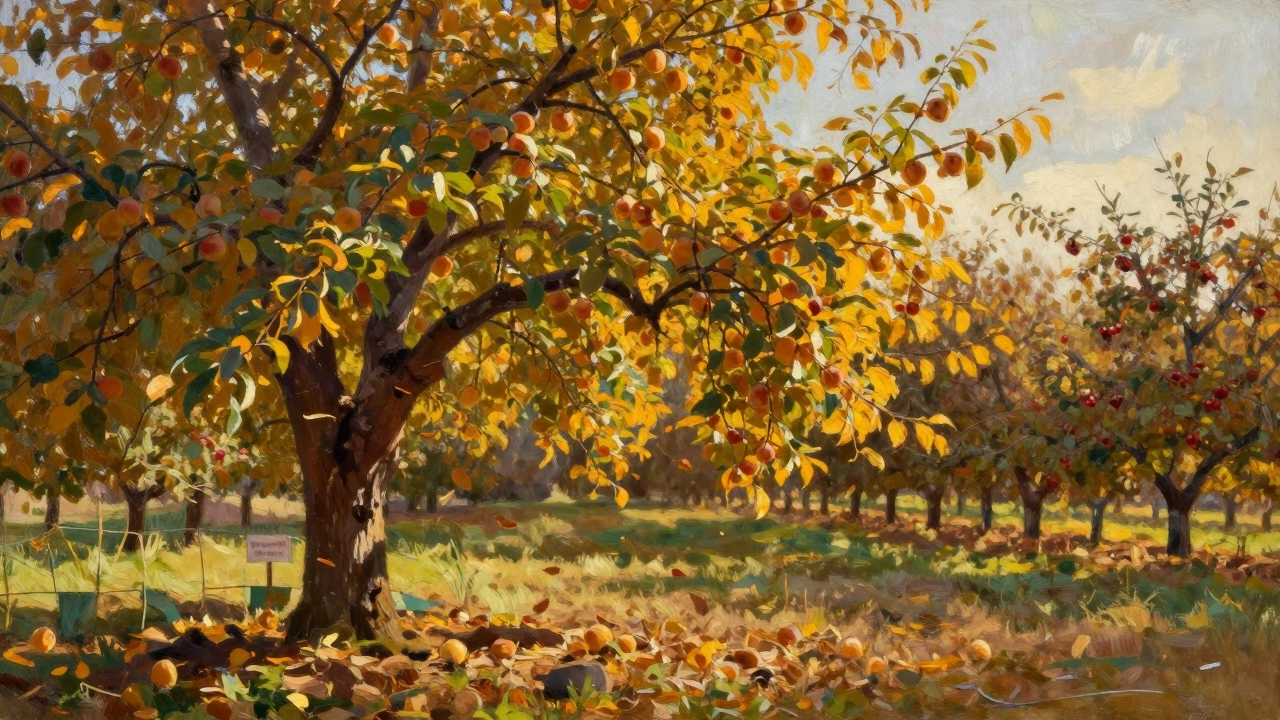 Грецкий орех на краю сада и абрикос под его частичной тенью осенью, с мульчей у основания.