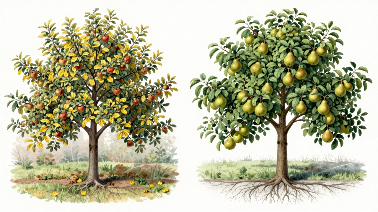 Конфликт между яблоней и грушей слева и гармоничное сосуществование груши с айвой справа.