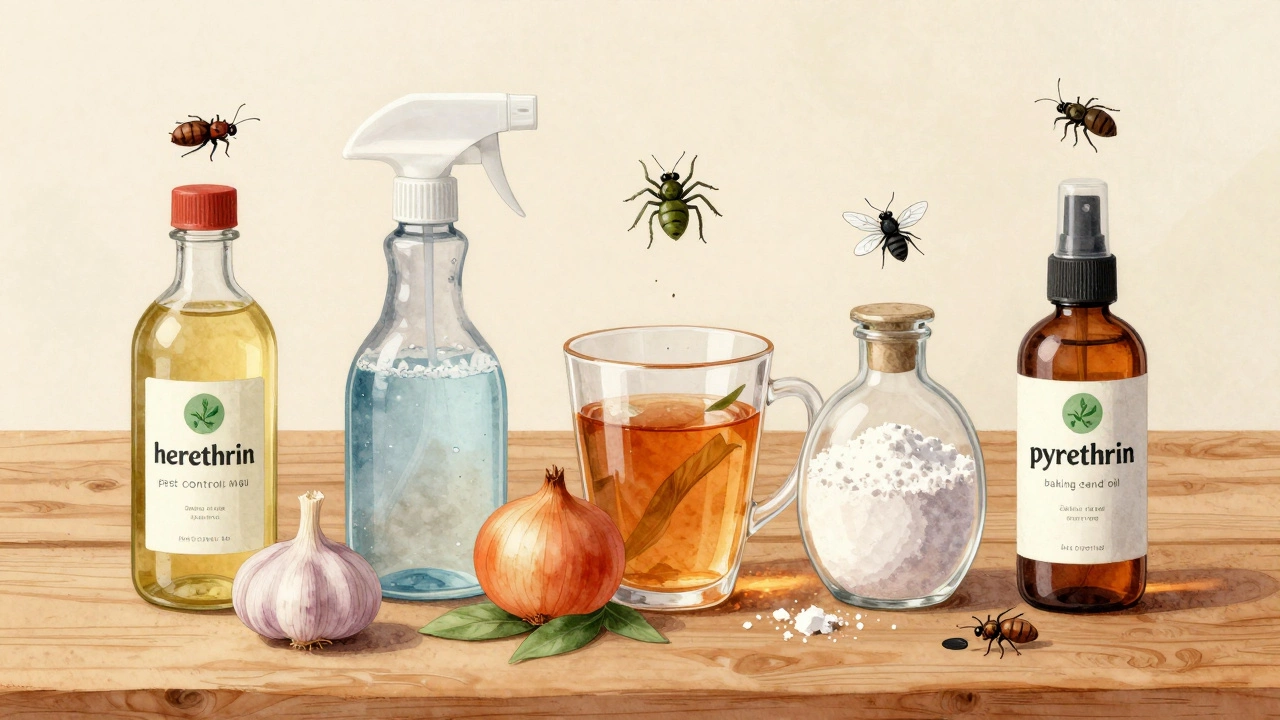 Пять натуральных средств против вредителей на деревянном столе с изображениями насекомых, которые они уничтожают.