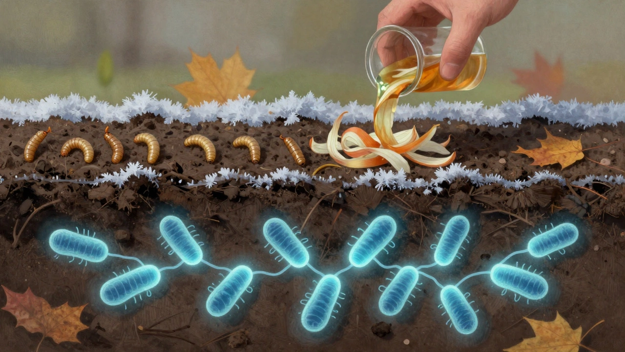 Поперечный разрез почвы с поливом настоем луковой шелухи и полезными бактериями.