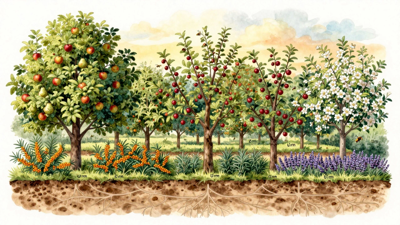 Сад с деревьями, посаженными слоями: высокие с севера, средние посередине, низкие спереди, пчёлы около цветов.