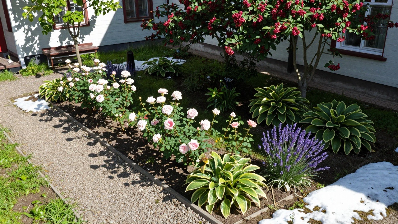 Сад в Саратове с солнечной южной стороной и теневой северной, с разными растениями, соответствующими климату.