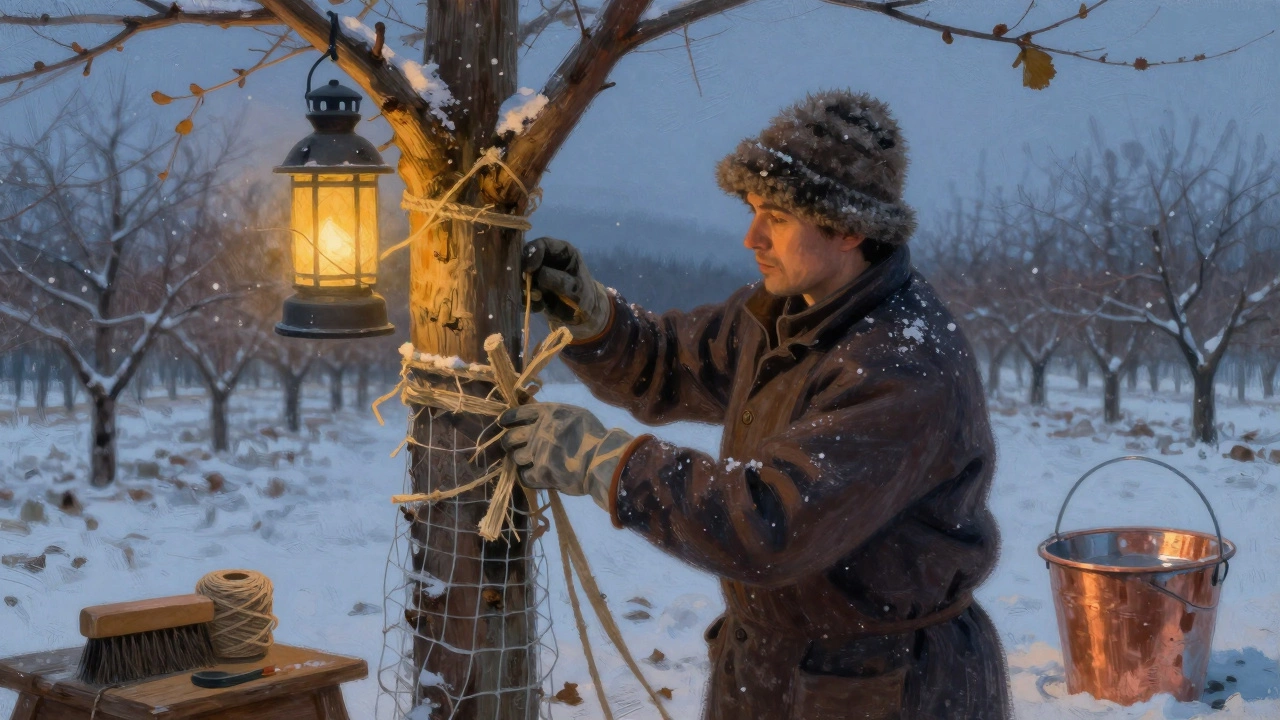 Садовник обматывает дерево натуральными материалами на закате зимнего дня.