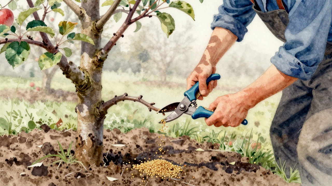 Садовник обрезает сухие ветви яблони, фосфорные удобрения на почве.