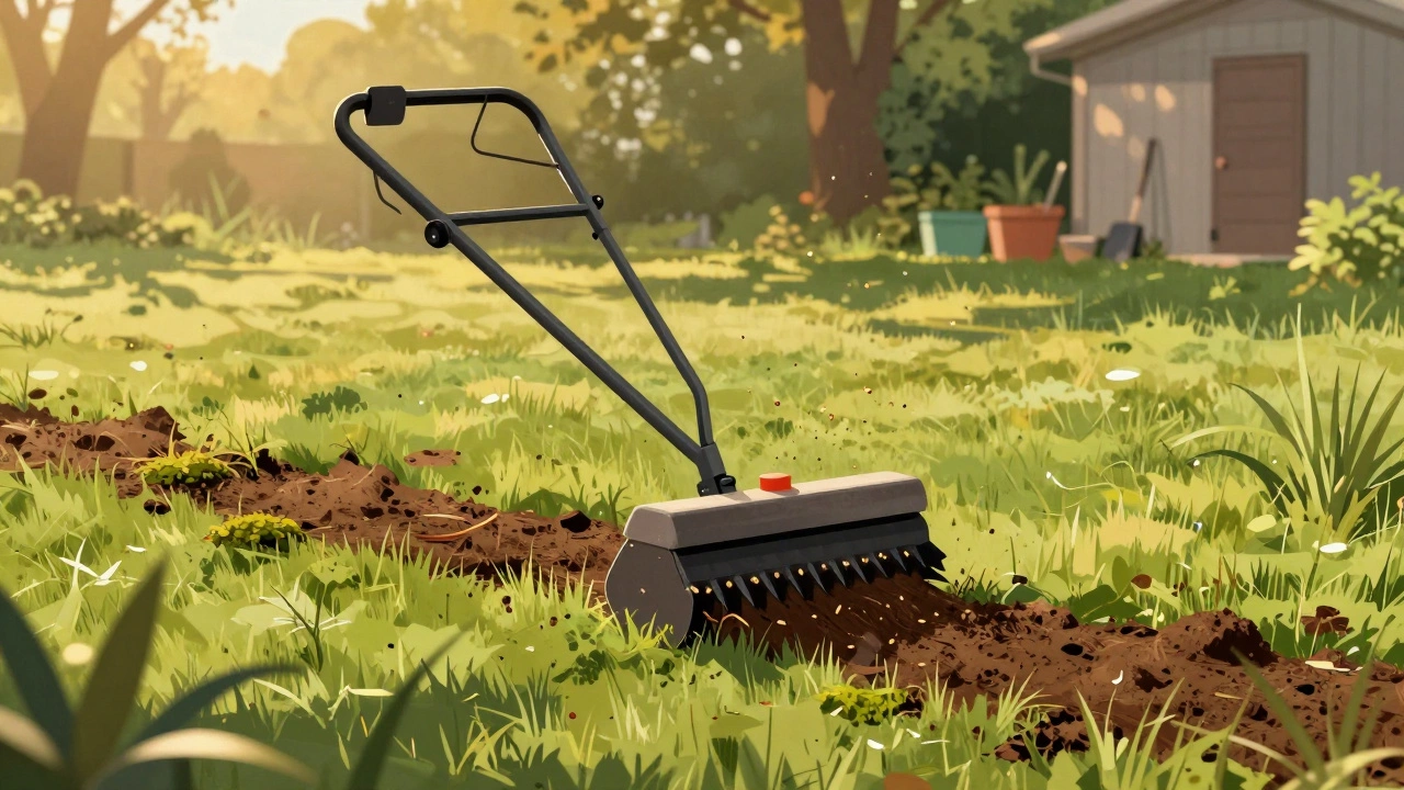 Скарификатор удаляет мертвую траву, а семена равномерно распределяются по газону.