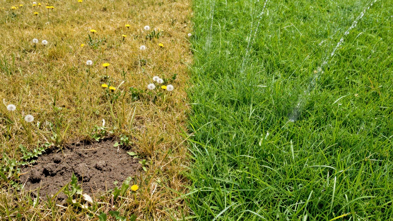 Сравнение старого редкого газона и нового плотного зеленого покрытия.