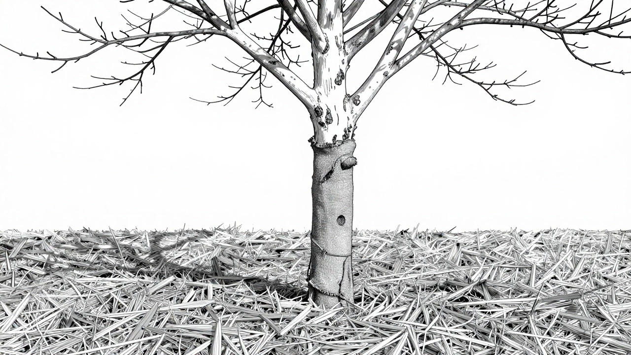 Ствол яблони обернут мешковиной, известковая побелка и соломенная мульча.