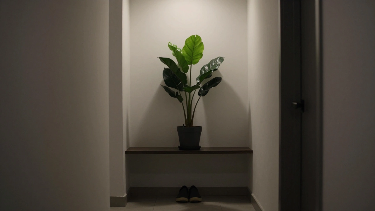 Темный коридор с одним растением замиокулькас, освещённым узким лучом света, рядом лежат обувь и тишина.