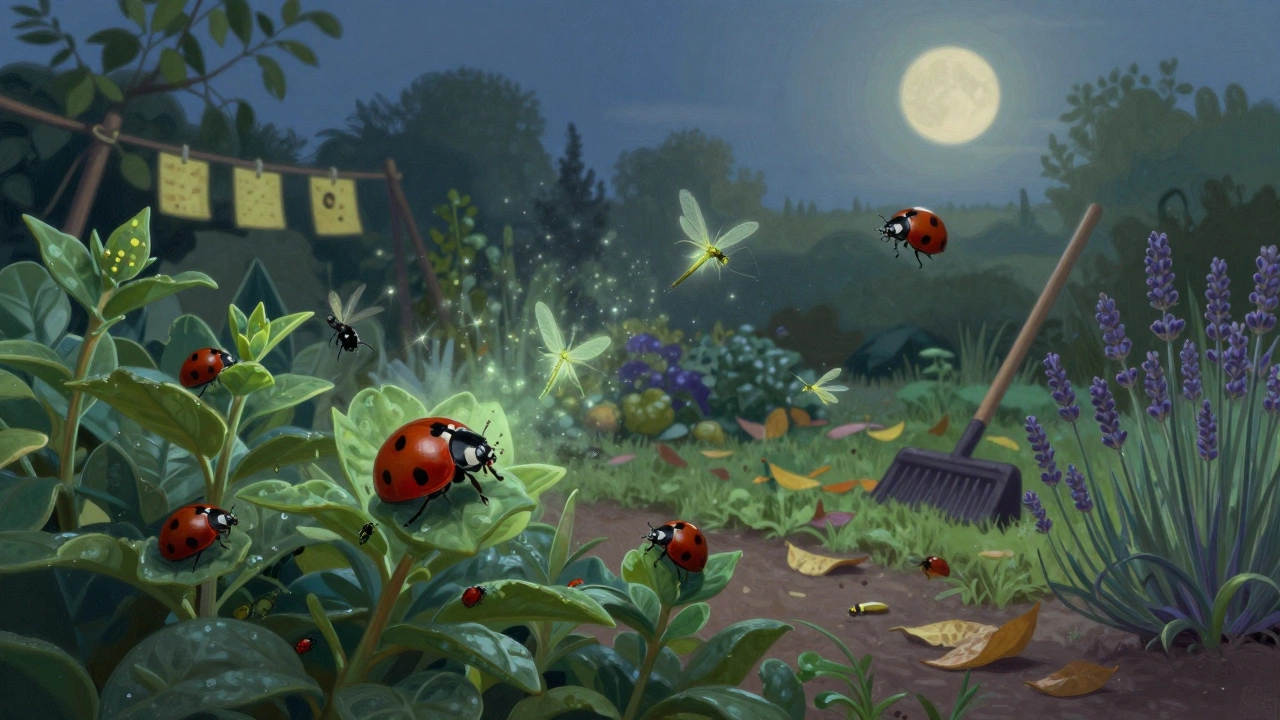 Здоровый сад при закате: полезные насекомые летают, а вредители исчезают, на фоне ловушек и ароматных растений.