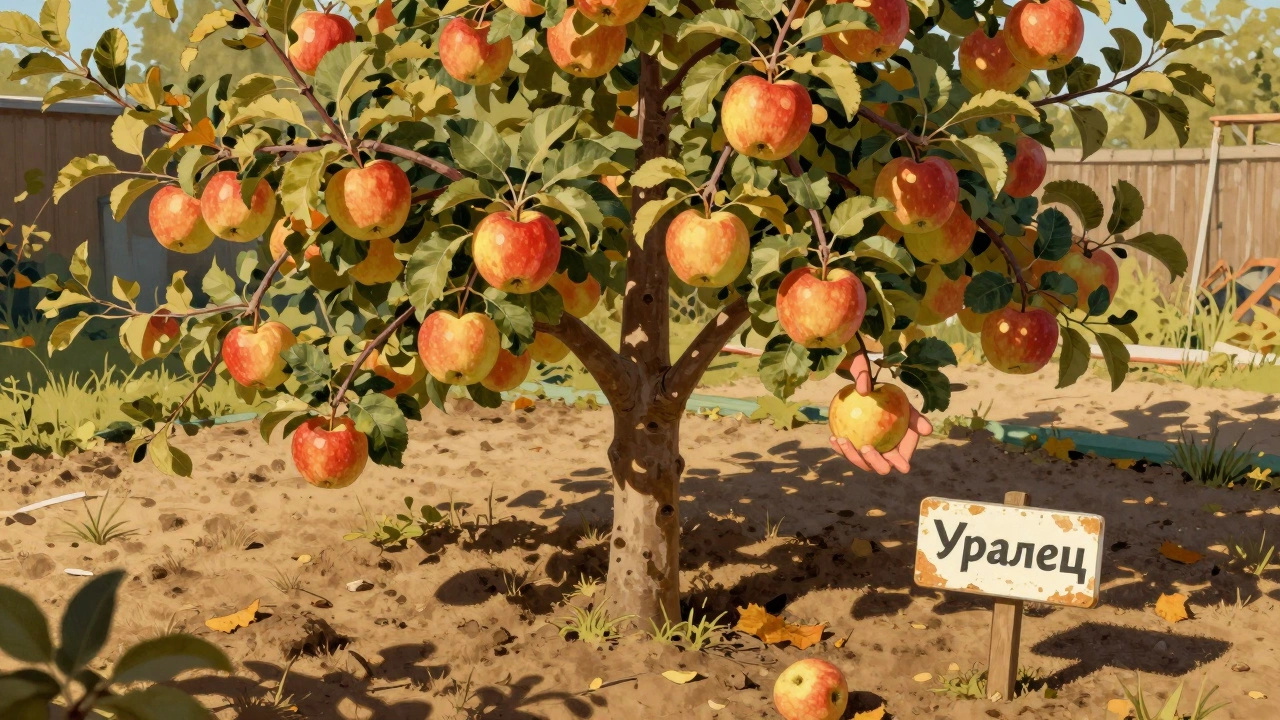 Карликовая яблоня с золотисто-красными яблоками, человек собирает урожай в конце августа, солнечный свет, сорт 'Уралец'.