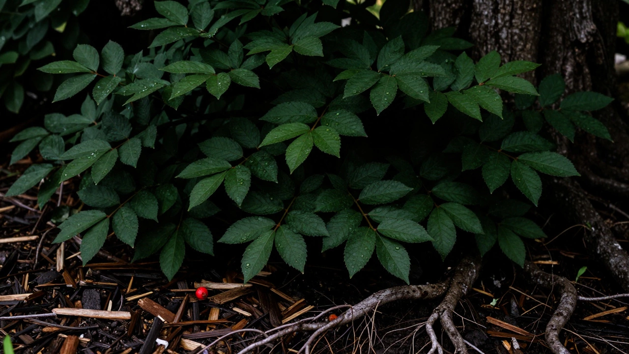 Крупный план плотной листвы кизильника с одной яркой красной ягодой на тёмном фоне корней и мульчи.