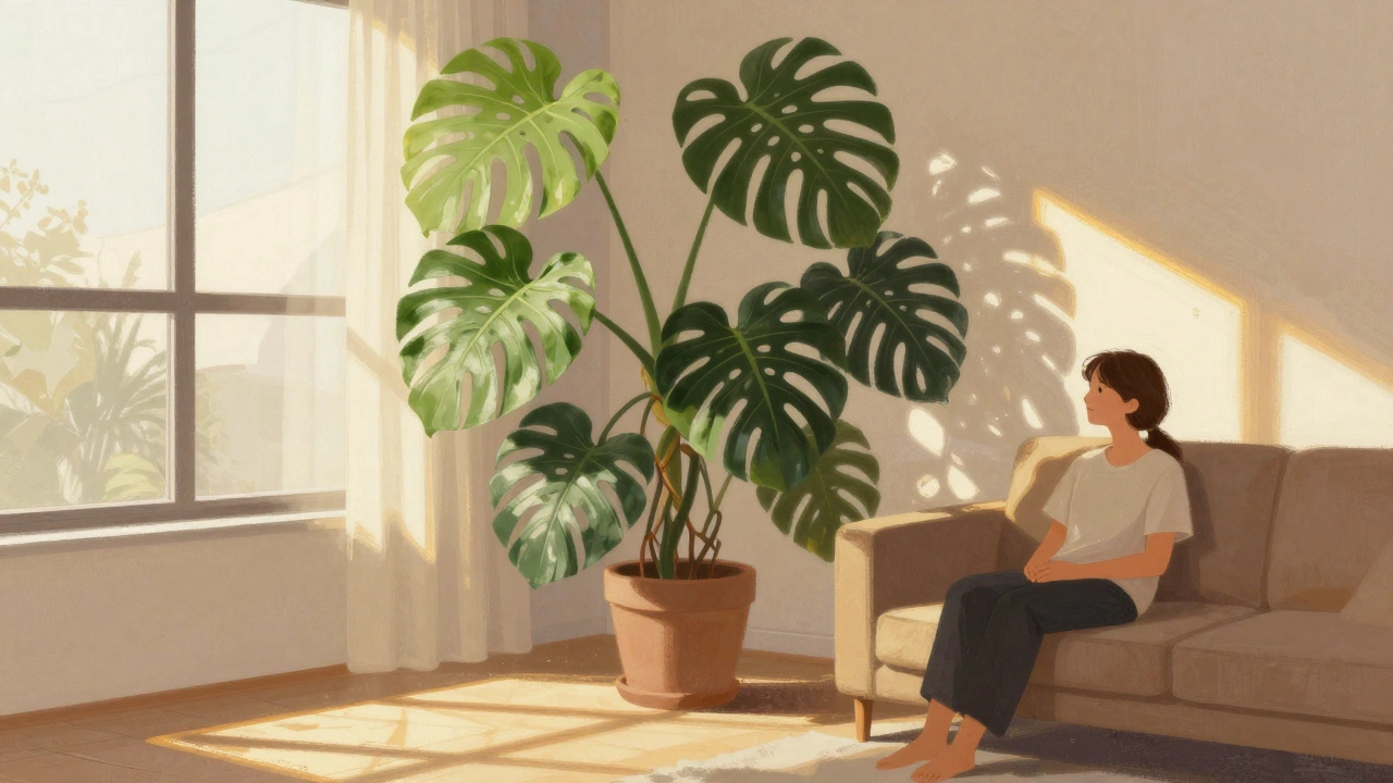 Монстера с крупными листьями на фоне световых узоров в гостиной, человек смотрит на растение.