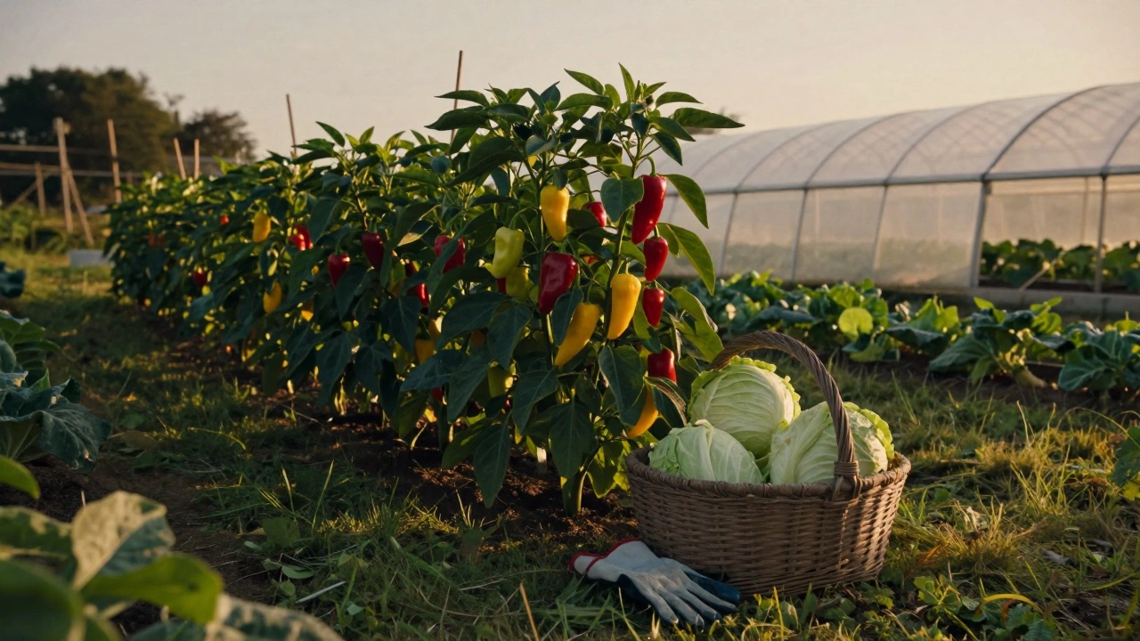 Огород с перцами и капустой на закате, готовый к сбору урожая