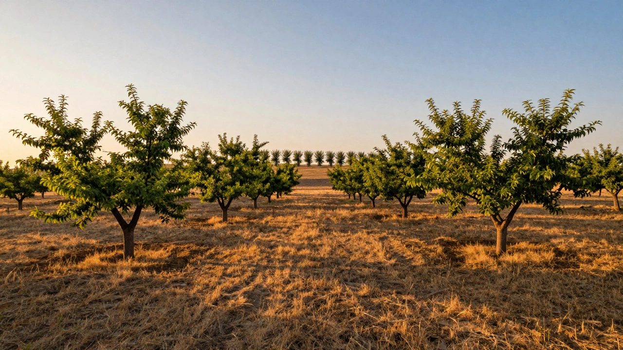 Персиковый сад с правильным расстоянием между деревьями.