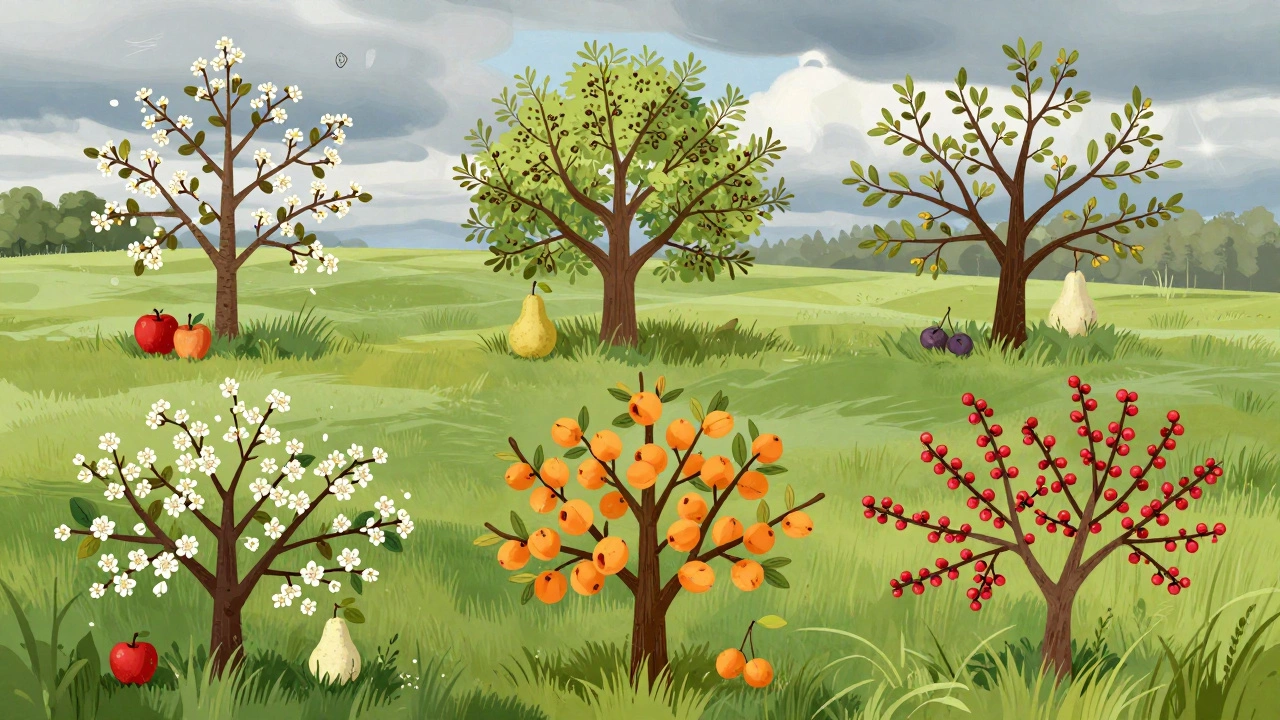 Разные фруктовые деревья в саду Саратова: яблоня, груша, слива, абрикос, вишня и кизил, цветут и распускаются.