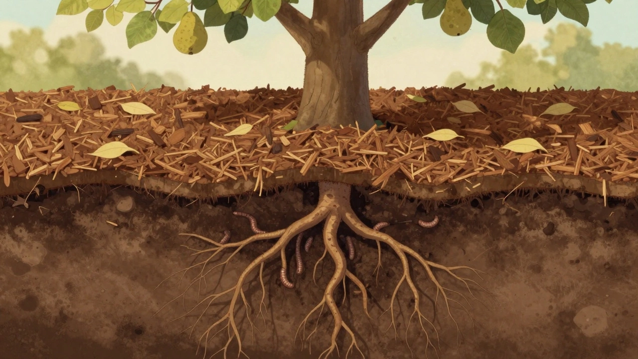 Разрез почвы под грушей: мульча и дождевые черви защищают корни от мороза.