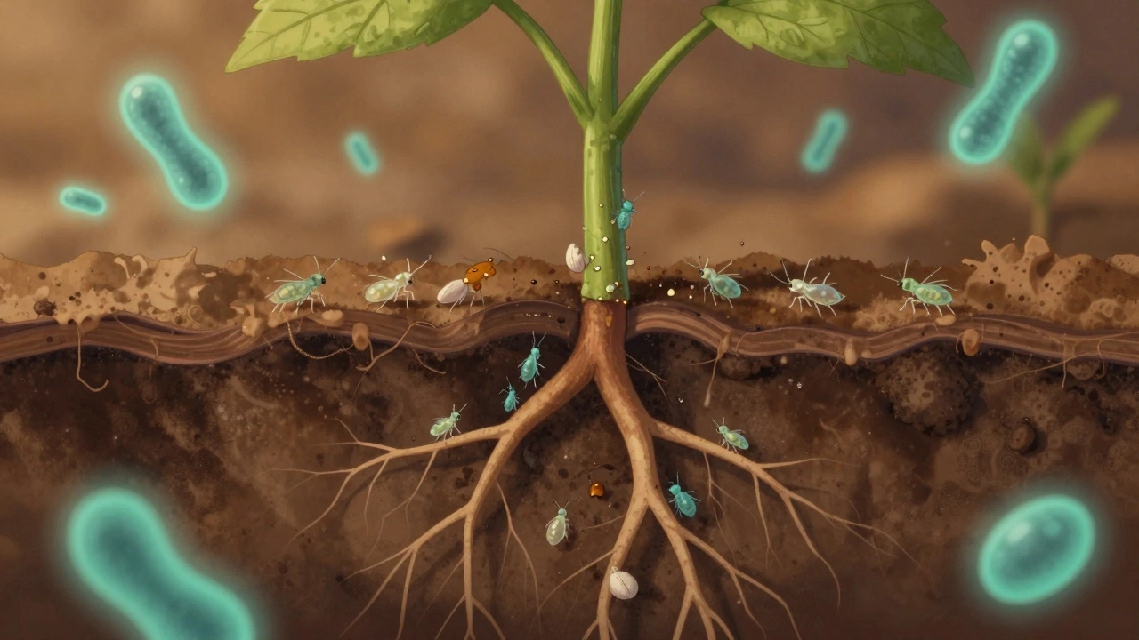 Разрез растения: корни поглощают натуральный раствор, вредители ослабевают, в почве светятся полезные бактерии.